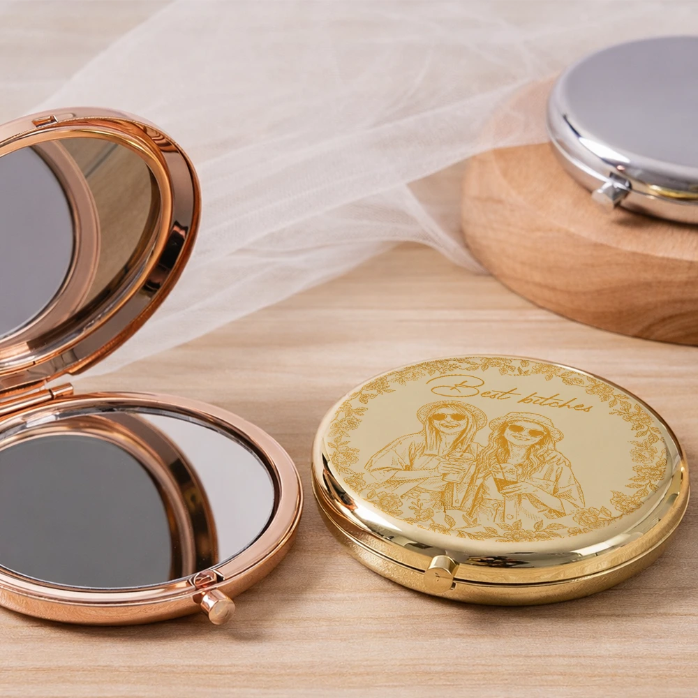 Gift For Bestie,Old Best friends,Gift For Sisters,Custom Photo,Happy - Custom Photo Pencil Sketch A True Friendship Is A Journey Without An End - Personalized Compact Mirror