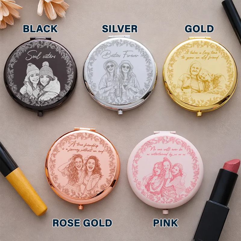 Gift For Bestie,Old Best friends,Gift For Sisters,Custom Photo,Happy - Custom Photo Pencil Sketch A True Friendship Is A Journey Without An End - Personalized Compact Mirror