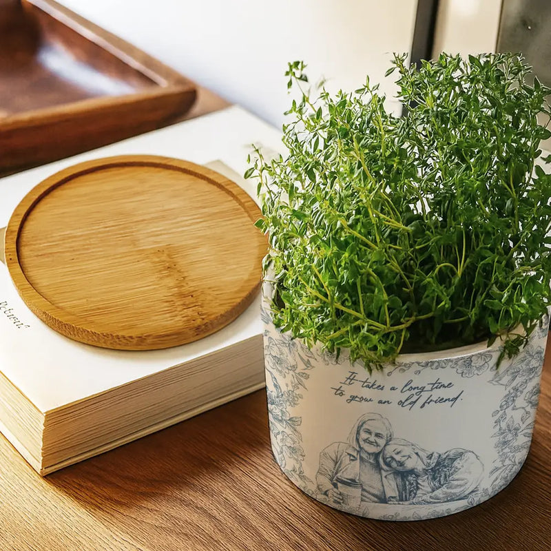 Gift For Bestie,Old Best friends,Gift For Sisters,Custom Photo,Happy - Custom Photo Pencil Sketch A True Friendship Is A Journey Without An End - Personalized Ceramic Plant Pot