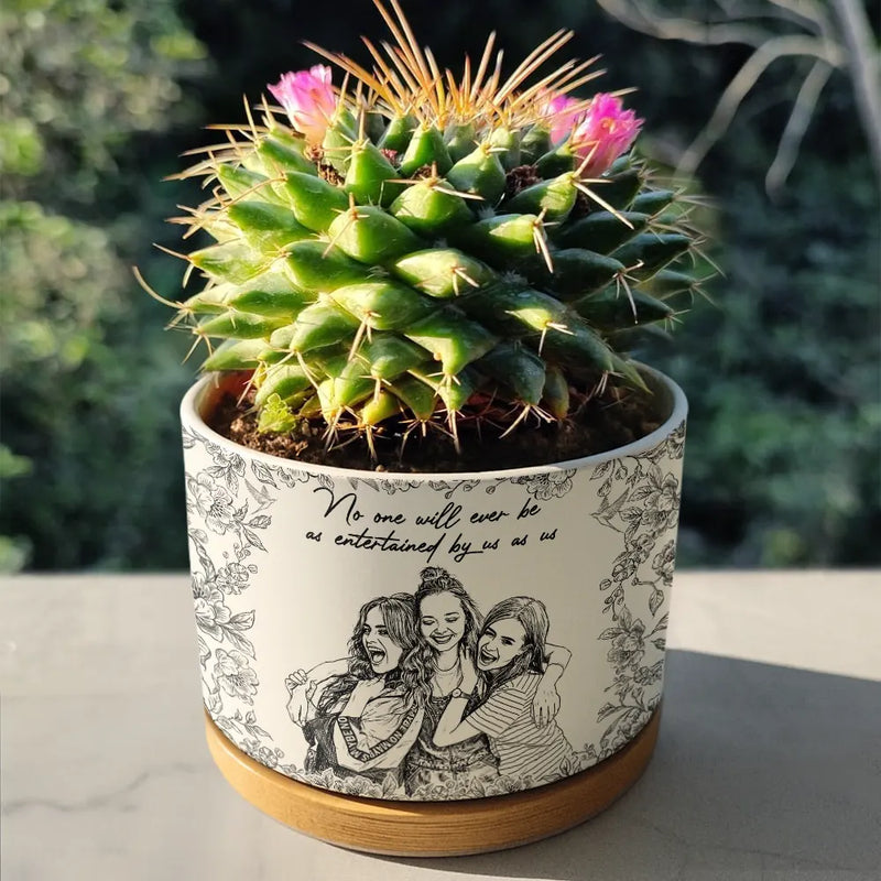 Gift For Bestie,Old Best friends,Gift For Sisters,Custom Photo,Happy - Custom Photo Pencil Sketch A True Friendship Is A Journey Without An End - Personalized Ceramic Plant Pot