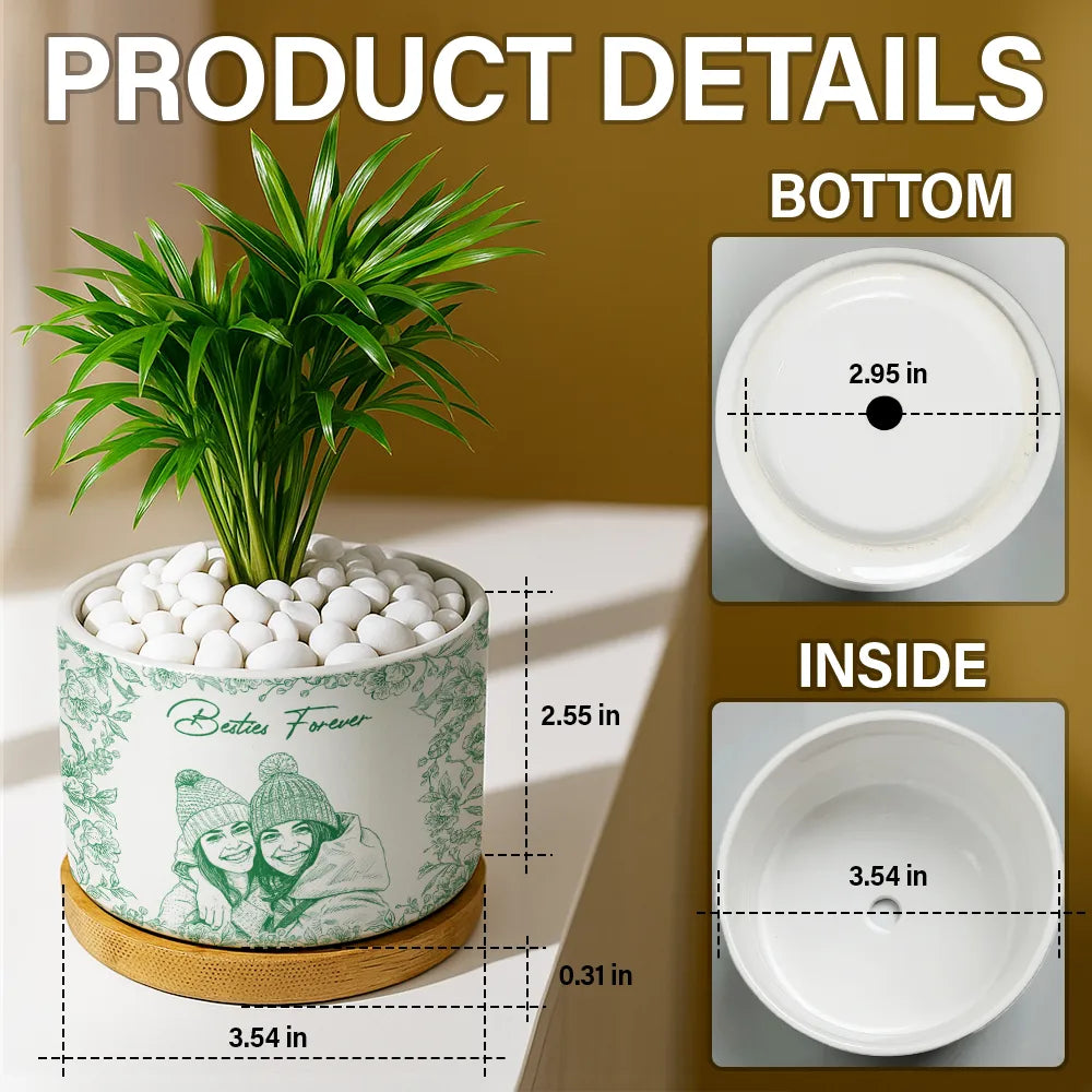 Gift For Bestie,Old Best friends,Gift For Sisters,Custom Photo,Happy - Custom Photo Pencil Sketch A True Friendship Is A Journey Without An End - Personalized Ceramic Plant Pot