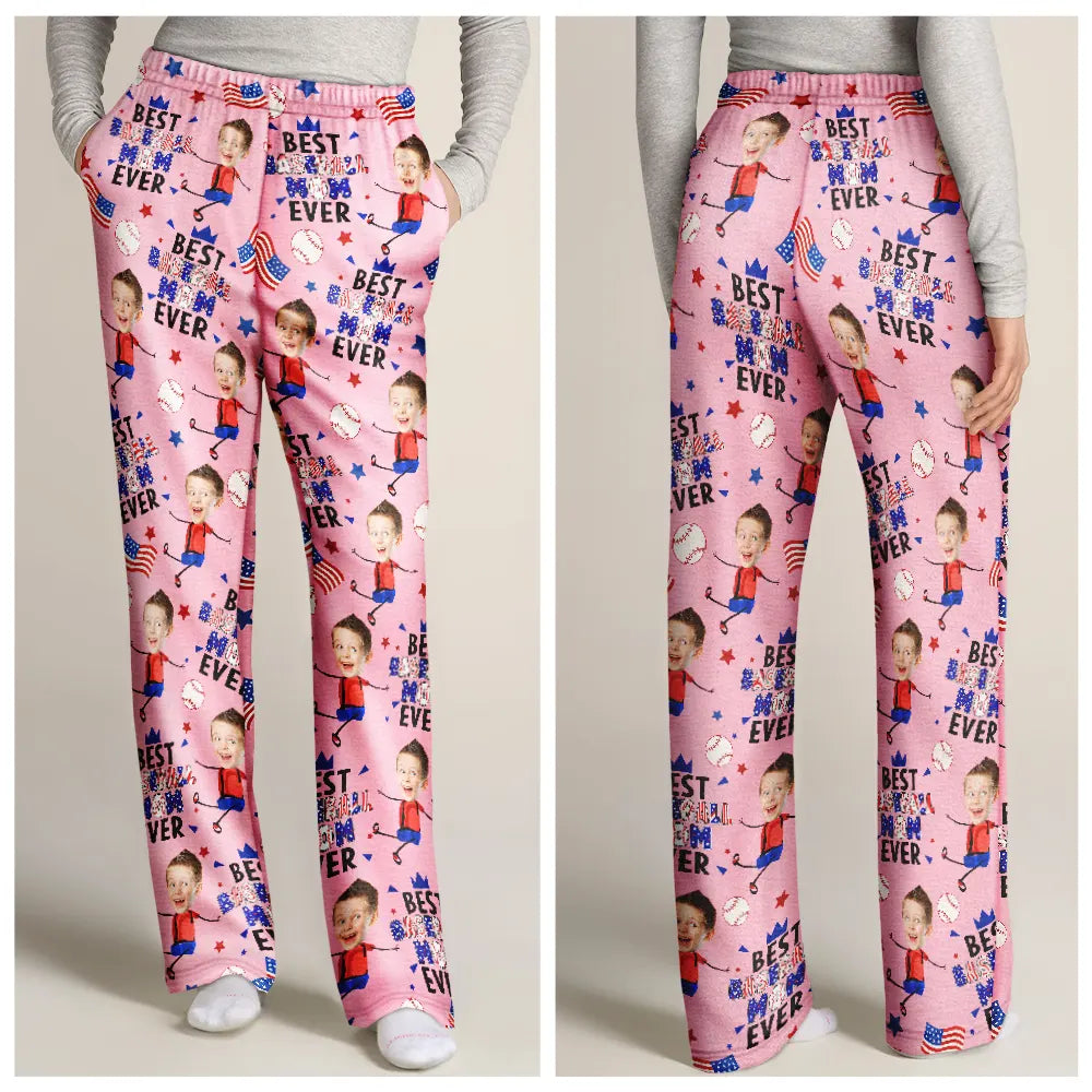 Gift For Father,Gift For Grandpa,Gift For Mother,Gift For Grandma,Happy,Baseball,Photo,Icon - Custom Photo Stars & Stripes Best Baseball Mom Dad Ever - Personalized Pajama Pants