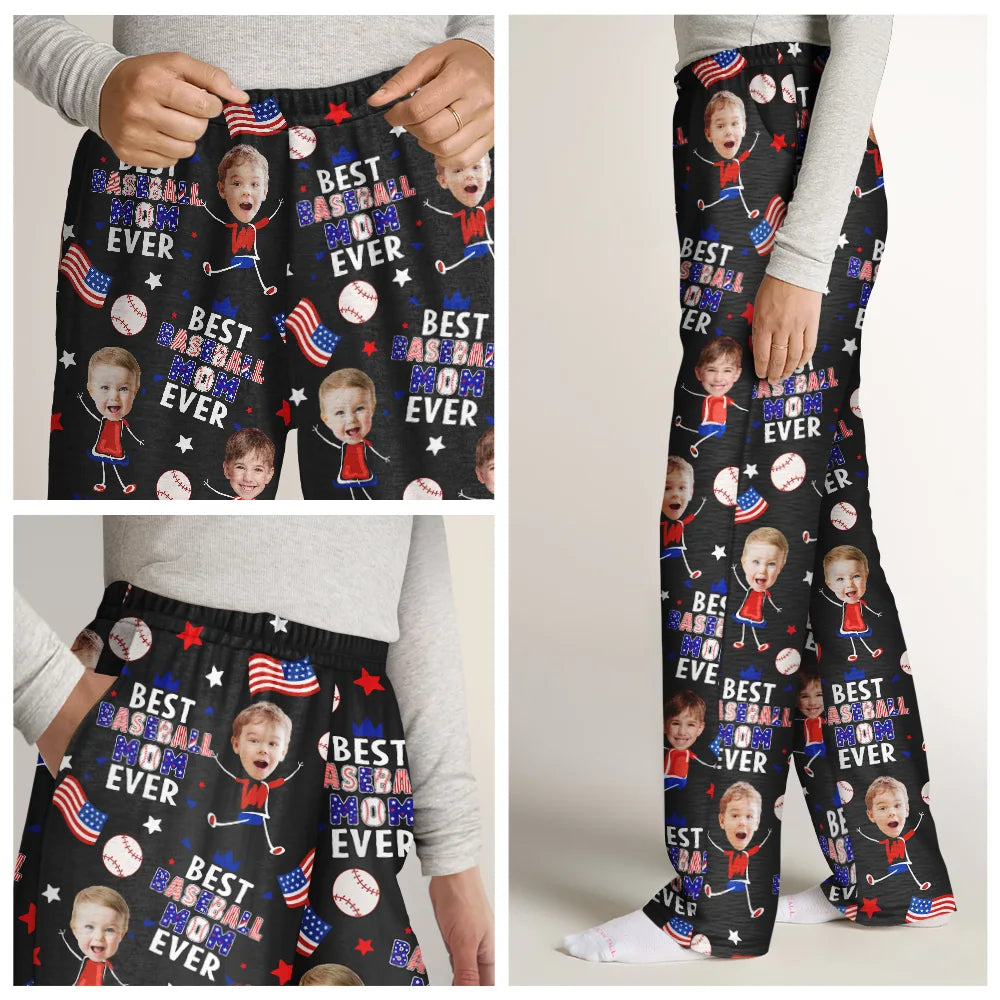 Gift For Father,Gift For Grandpa,Gift For Mother,Gift For Grandma,Happy,Baseball,Photo,Icon - Custom Photo Stars & Stripes Best Baseball Mom Dad Ever - Personalized Pajama Pants