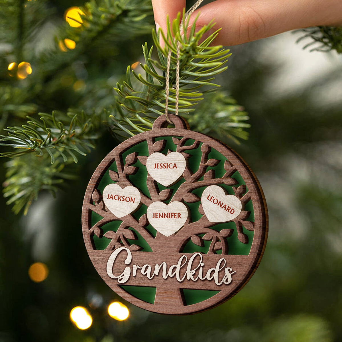 Grandkids Family Tree - Christmas Gifts For Grandparents, Grandkids, Family - Personalized 2-Layered Wooden Ornament