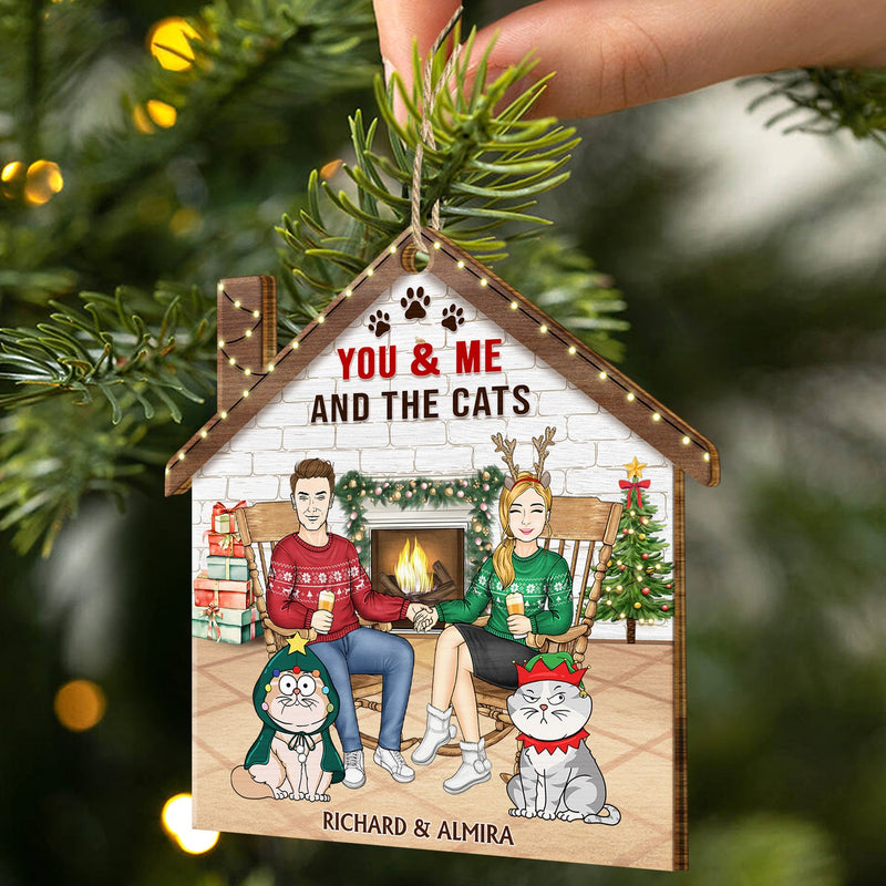A Crazy Cat Lady And Her Grumpy Old Man Live Here - Christmas Gift For Couple, Pet Lovers And Family - Personalized Custom Shaped Wooden Ornament