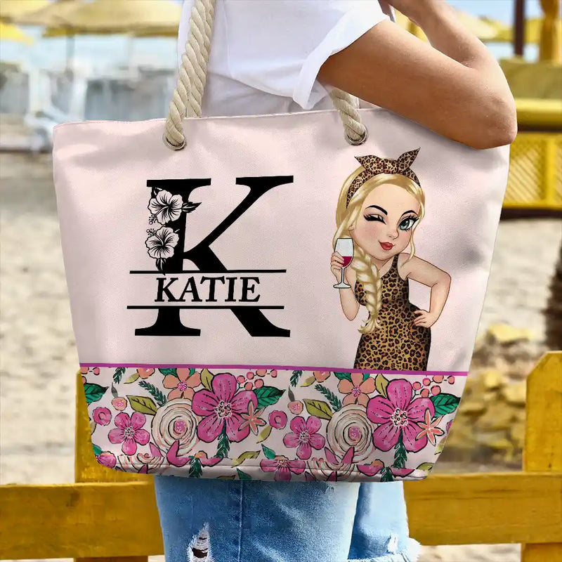 Monogram Floral Tropical Girl - Personalized Beach Bag