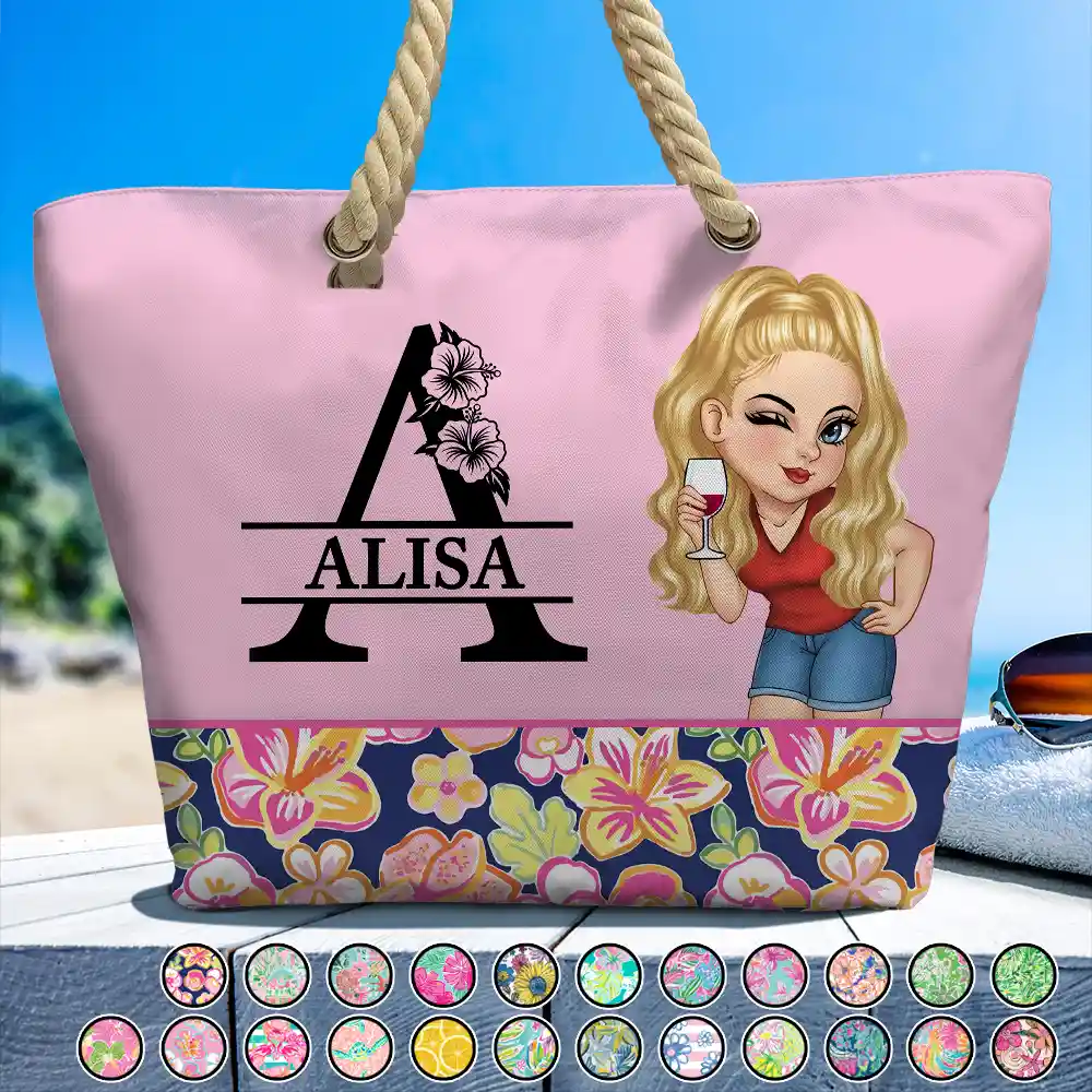 Monogram Floral Tropical Girl - Personalized Beach Bag