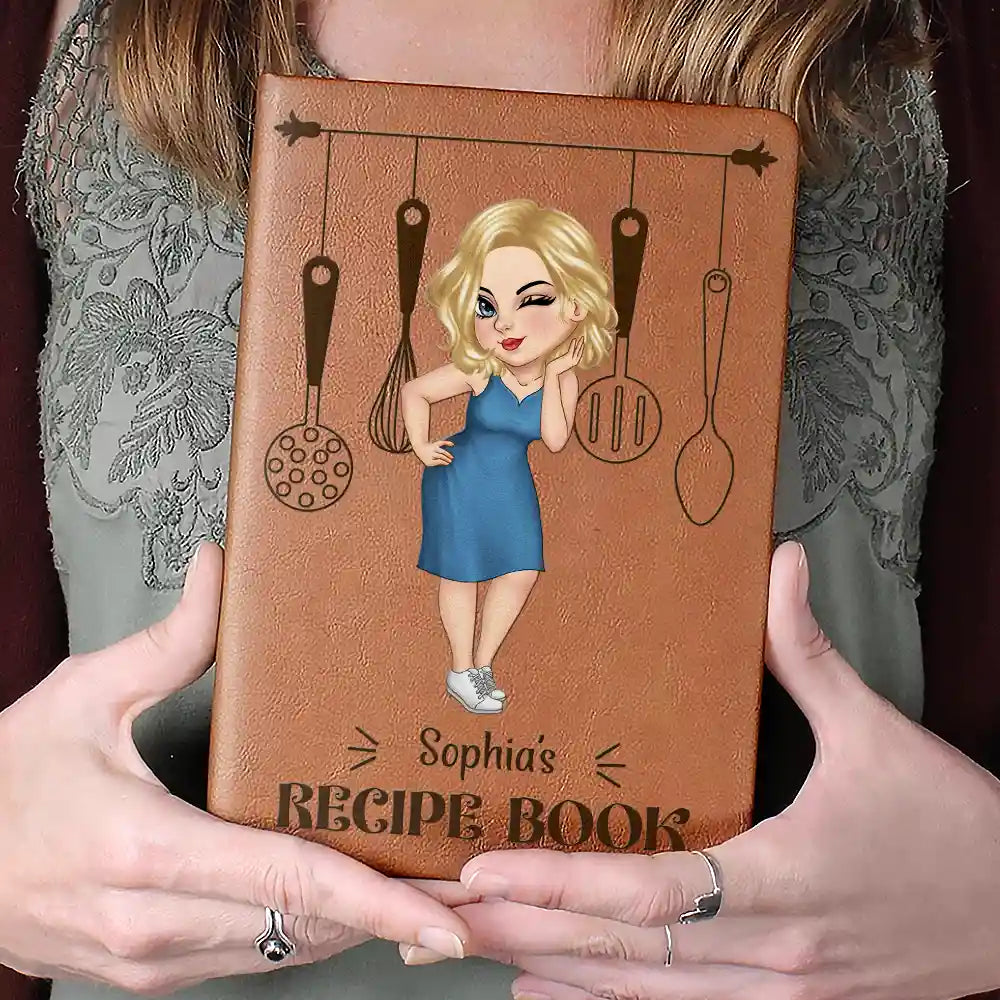 Cartoon Woman Recipe CookBook - Personalized Leather Journal
