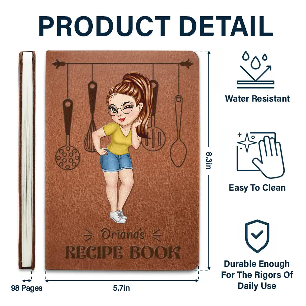 Cartoon Woman Recipe CookBook - Personalized Leather Journal