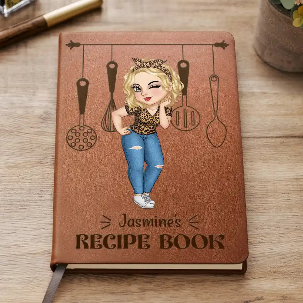 Cartoon Woman Recipe CookBook - Personalized Leather Journal