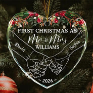Holding Hands First Christmas Couple - Personalized Heart Shaped Glass Ornament