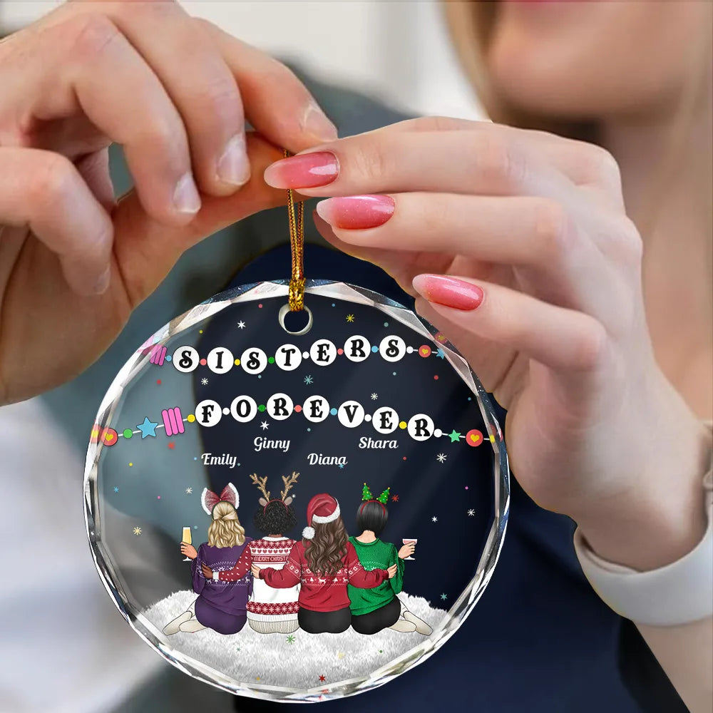 Gift For Sisters, Gift For Bestie, Gift For Sibling - Christmas Besties Forever Bracelets - Personalized Circle Glass Ornament
