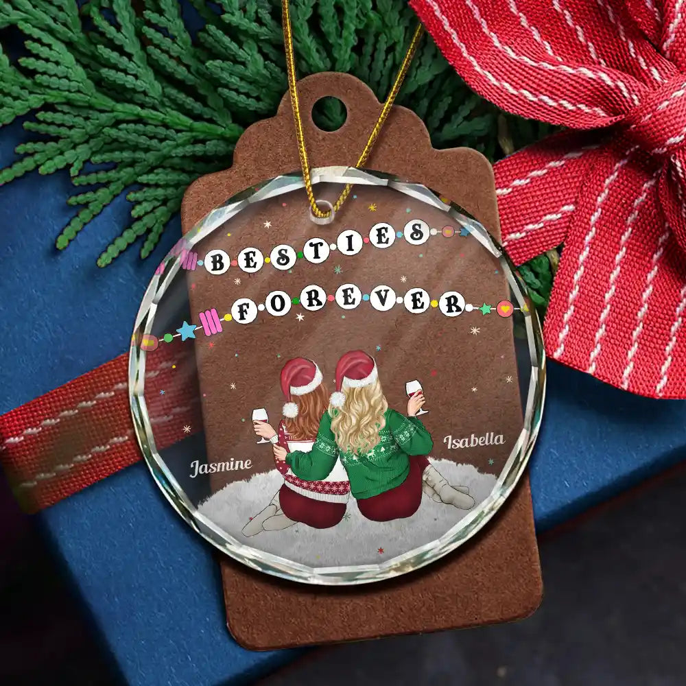 Gift For Sisters, Gift For Bestie, Gift For Sibling - Christmas Besties Forever Bracelets - Personalized Circle Glass Ornament
