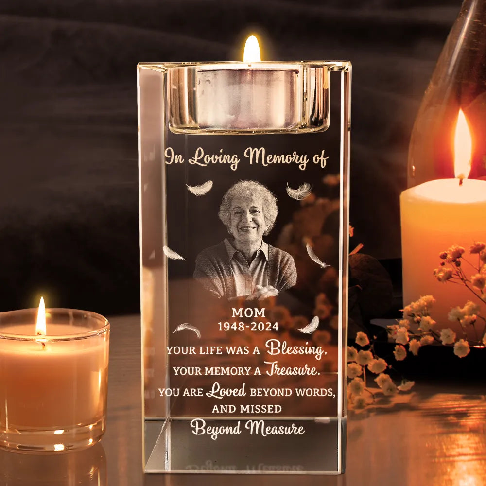 Memorial, Family - Custom Photo Your Life Was A Blessing Memorial - Personalized Crystal Candle Holder