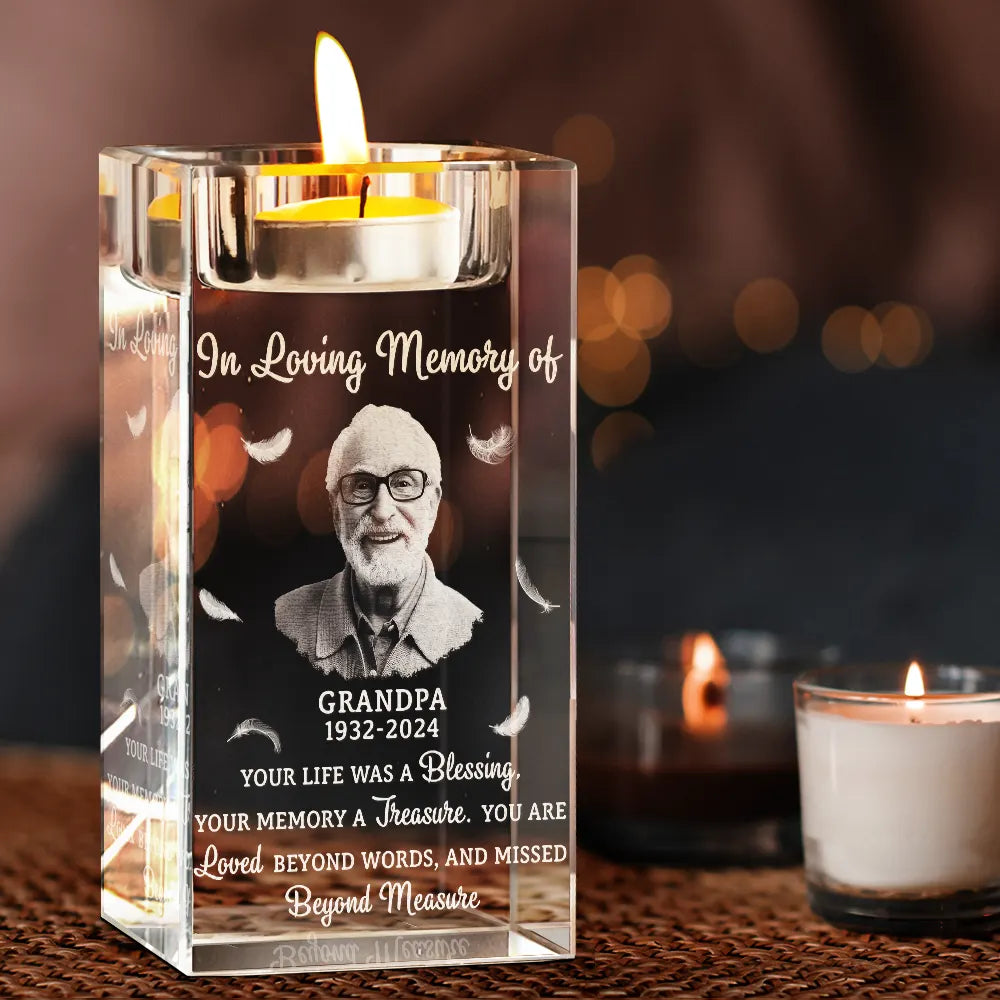 Memorial, Family - Custom Photo Your Life Was A Blessing Memorial - Personalized Crystal Candle Holder