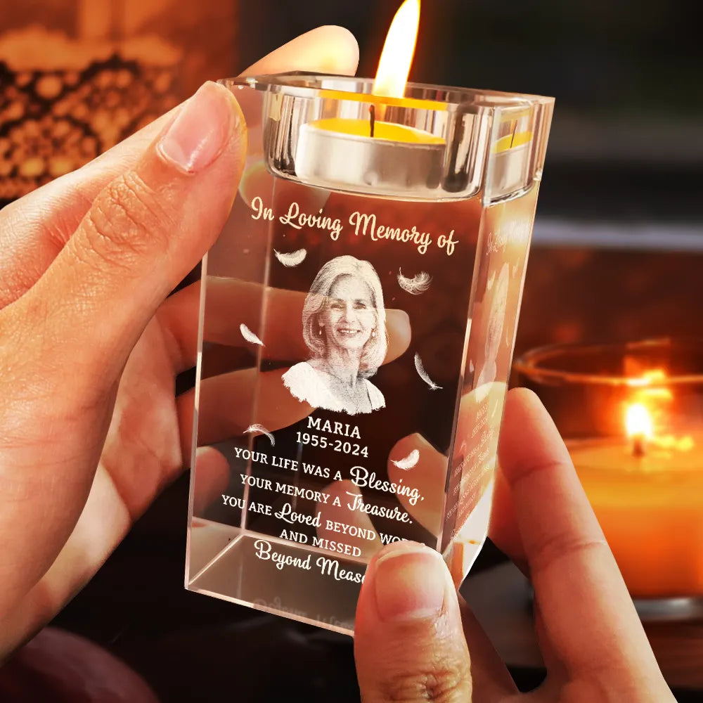 Memorial, Family - Custom Photo Your Life Was A Blessing Memorial - Personalized Crystal Candle Holder