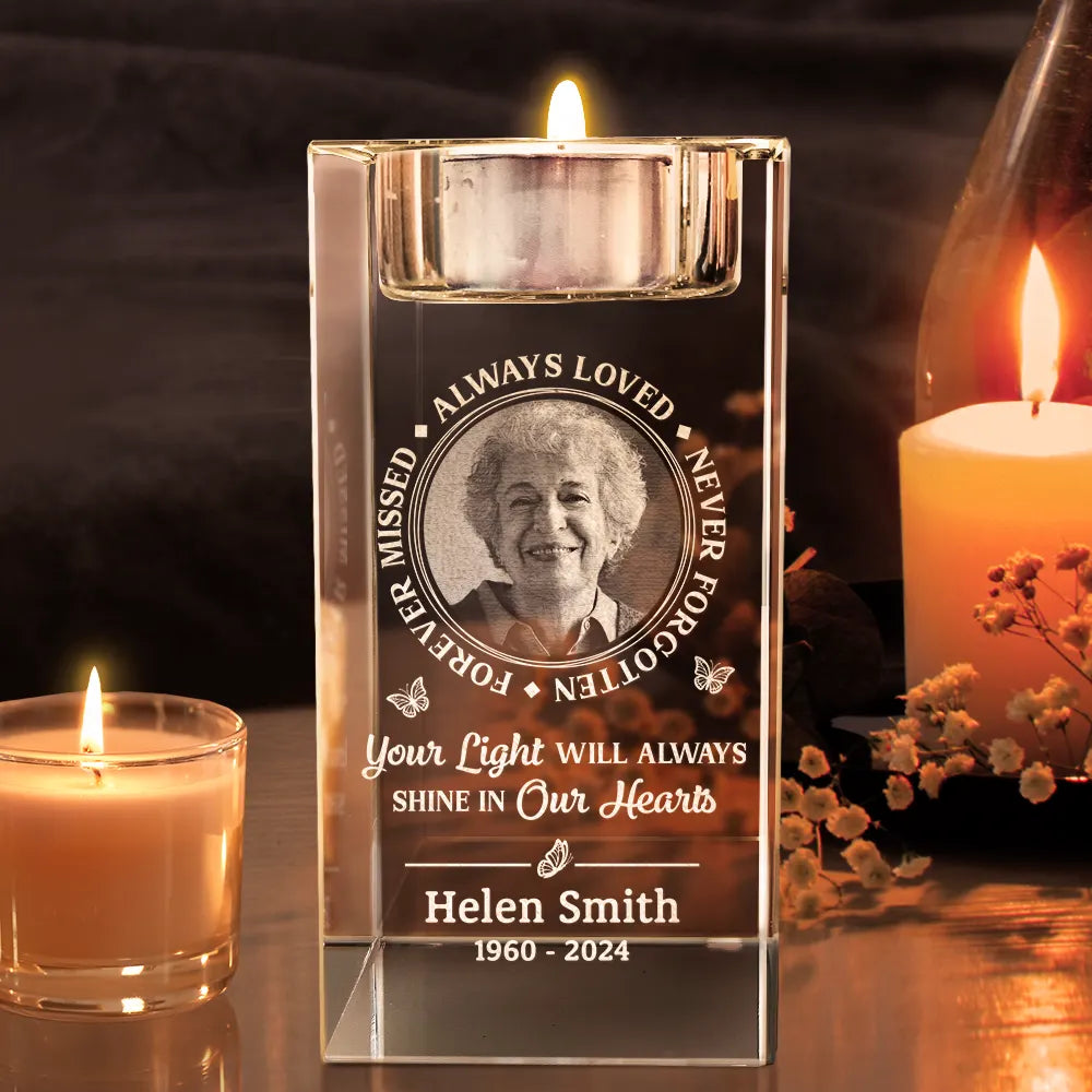 Memorial, Family - Custom Photo Memorial Always Loved Never Forgotten - Personalized Crystal Candle Holder