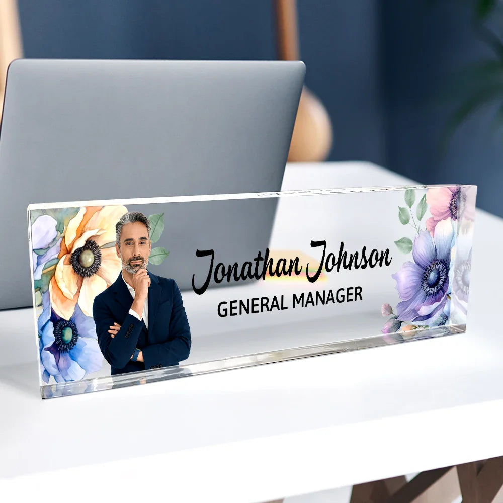 Gifts For Colleagues, Gift For Bestie - Custom Photo Woman Man Office Flower Frame - Personalized Desk Name Plate