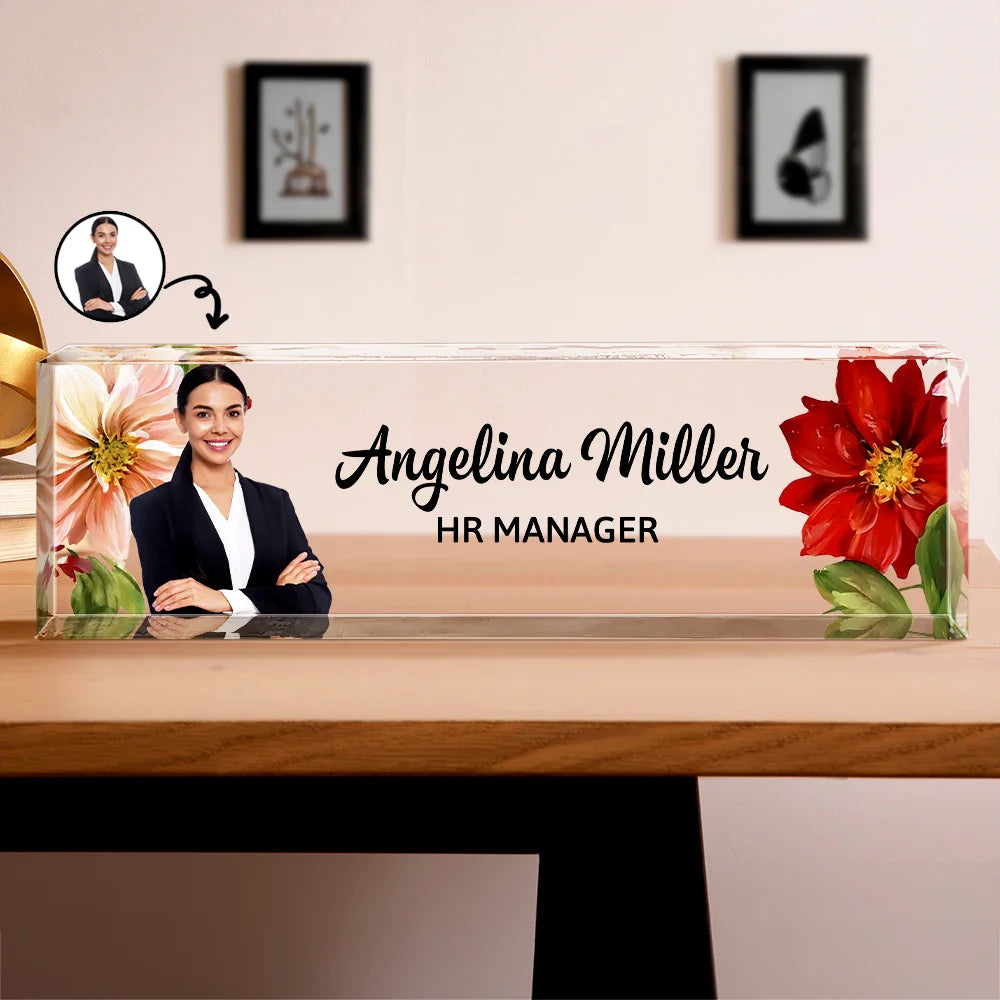 Custom Photo Woman Man Office Flower Frame - Personalized Desk Name Plate