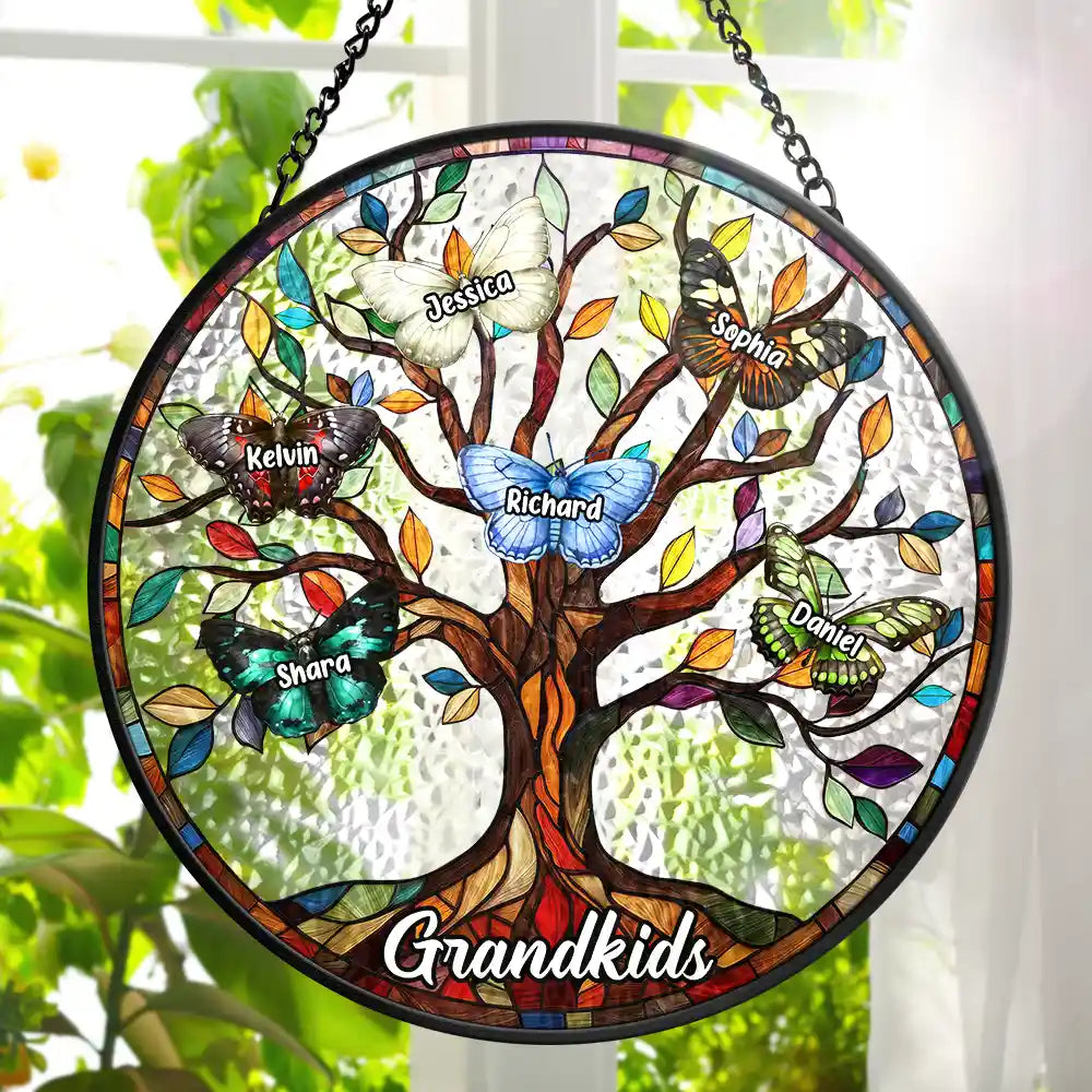 Butterfly Grandkids Tree - Personalized Stained Glass Window Hanging Suncatcher