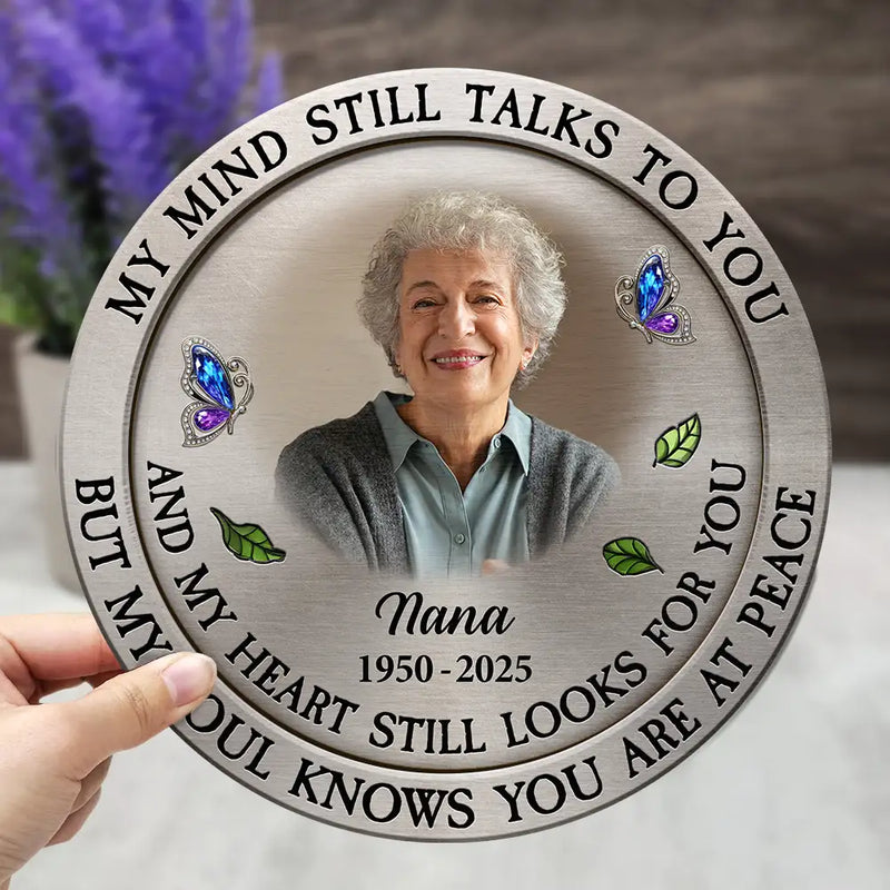 Memorial,Custom Photo,Family,Sad,Gift For Grandparents,Parents - Custom Photo Memorial My Mind Still Talks To You - Personalized 2-Layered Wooden Plaque With Stand
