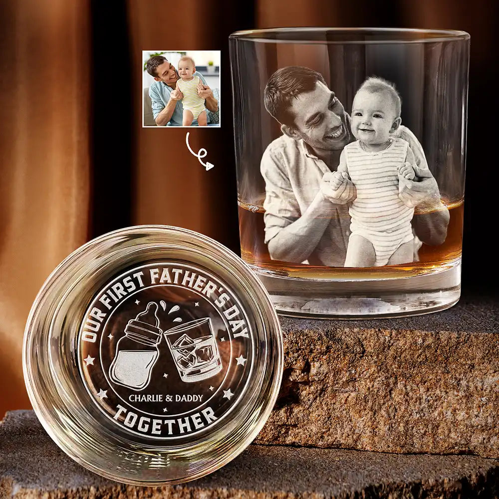 New Dad,New baby,Gift For Father - Custom Photo Our First Father's Day Together - Personalized Engraved Whiskey Glass