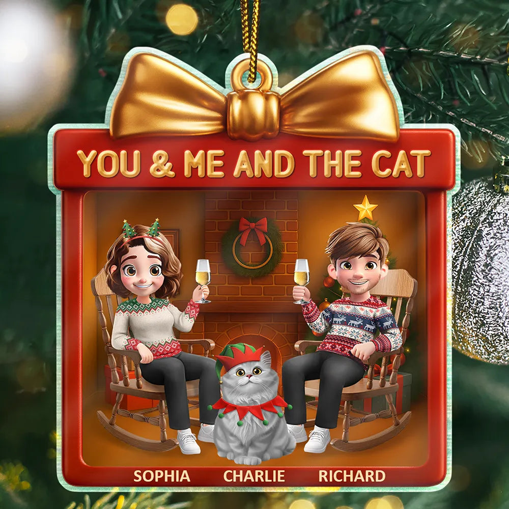 You & Me And The Cat 3D Effect Couple Gift Shaped - Personalized Custom Shaped Acrylic Ornament