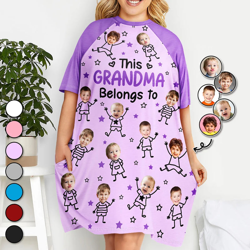 Gift For Grandma, Gift For Mother, Gift For Aunt, Happy, Custom Photo, Stick Figure - Custom Photo This Grandma Mom Belongs To Kids Pet - Personalized Women's Sleep Tee