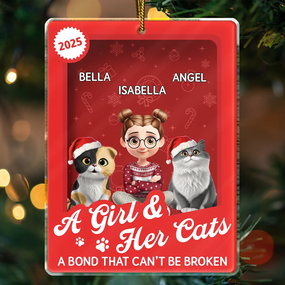 Pet Lovers,Pet Mom,Pet Dad,Cat Lovers,Cat Mom,Cat Dad,Christmas,Top Market,Happy - A Girl & Her Cats Unbreakable Bond Toy Box - Personalized Custom Shaped Acrylic Ornament