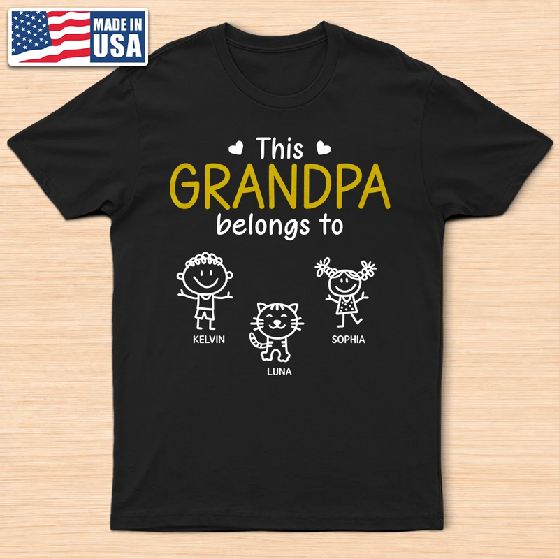 Gift For Father,Gift For Grandpa,Grandpa - Grandkids,Happy,Non-Eng,Icon,Proud - This Grandad Belongs To Kid Stick Figures - Personalised T Shirt