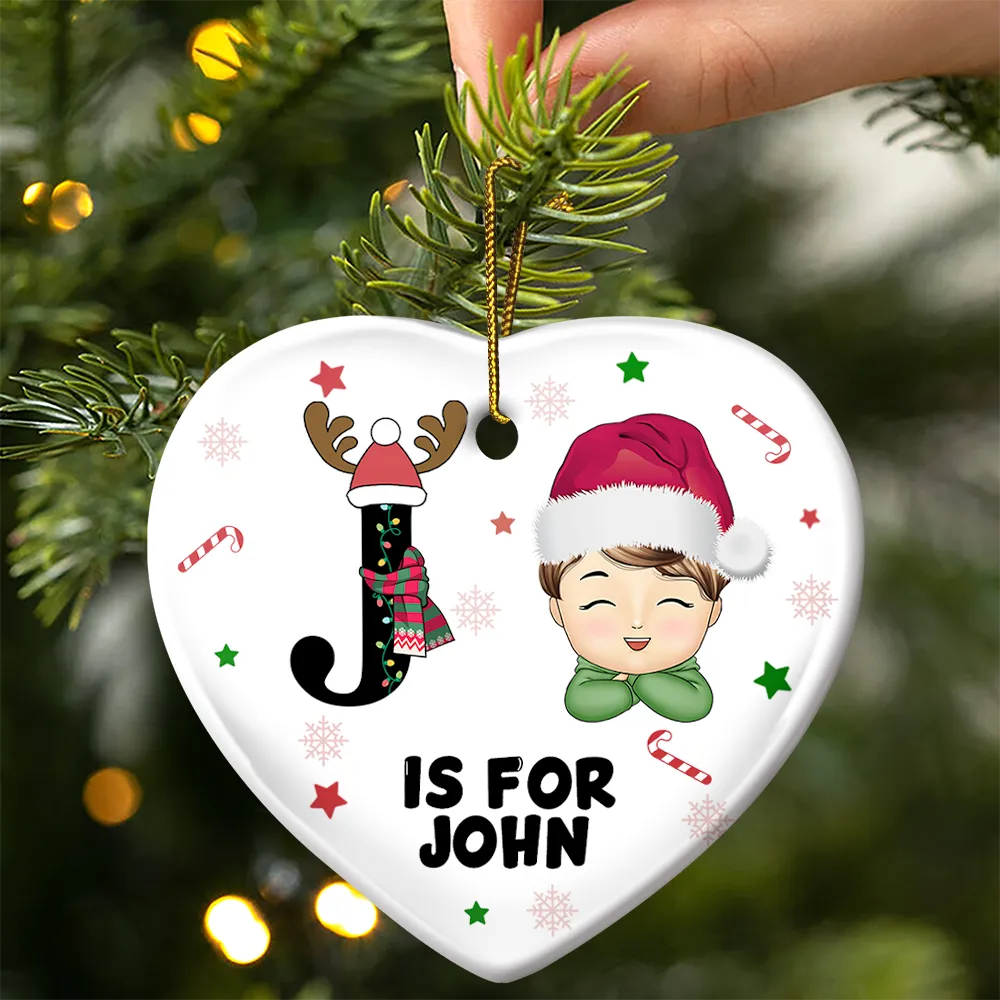 Christmas Monogram Letter Kids - Personalized Combo Heart Ceramic Ornament