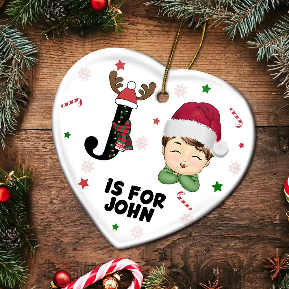 Christmas Monogram Letter Kids - Personalized Combo Heart Ceramic Ornament