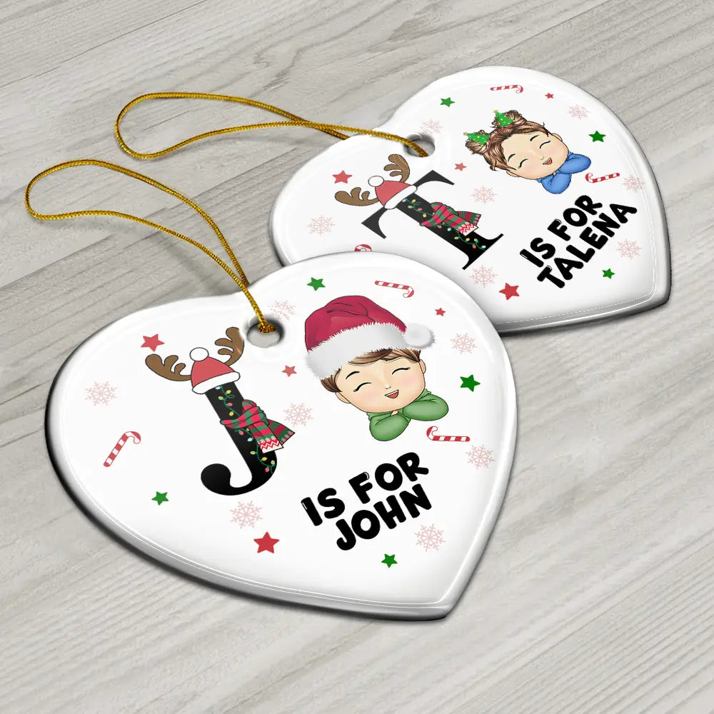 Christmas Monogram Letter Kids - Personalized Combo Heart Ceramic Ornament