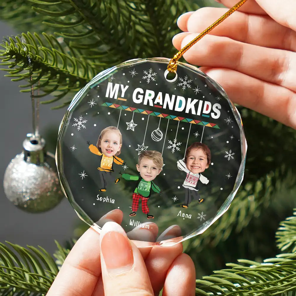 Custom Photo Christmas My Grandkids - Personalized Circle Glass Ornament