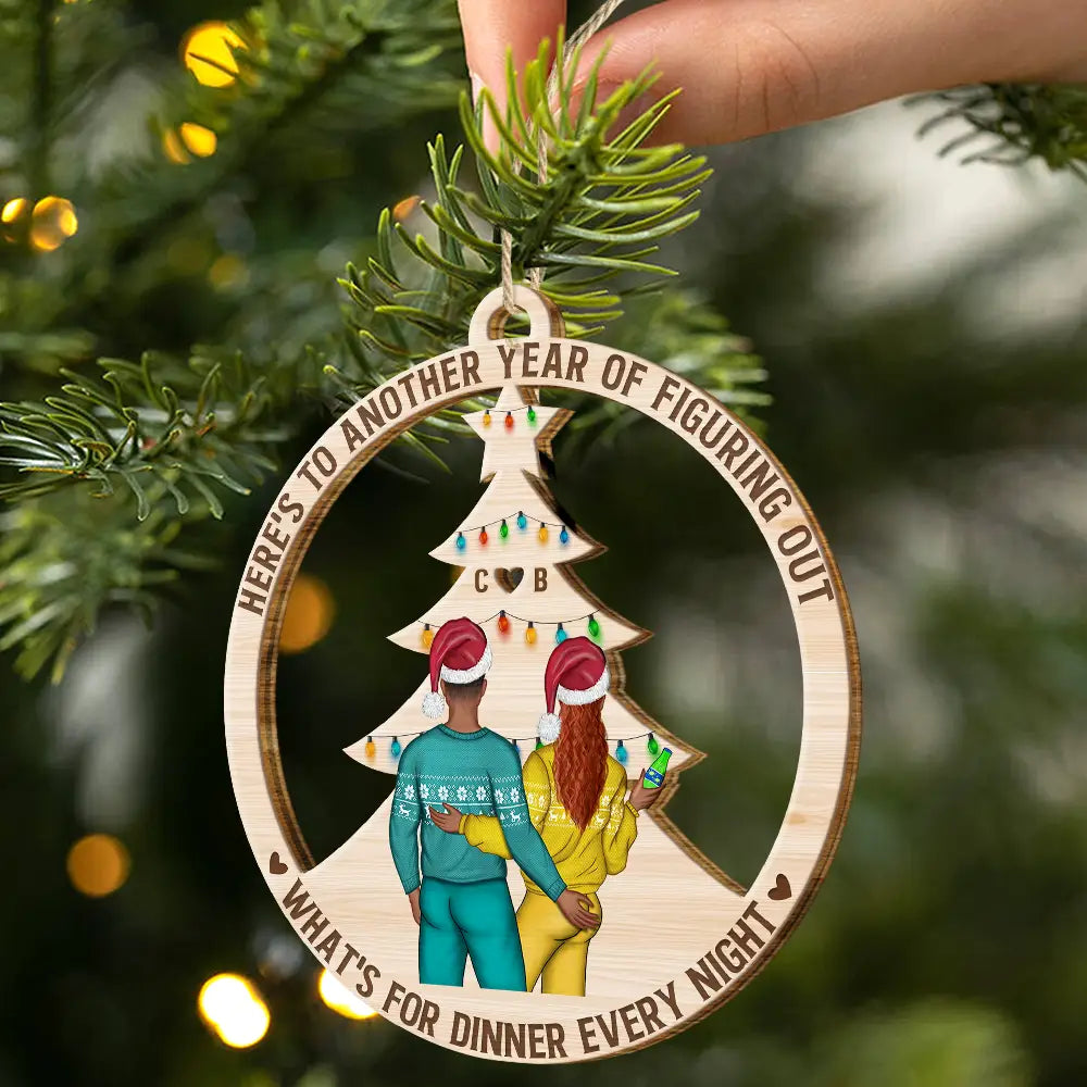 Gift For Couples - Christmas Couple Figuring Out Dinner - Personalized Wooden Cutout Ornament