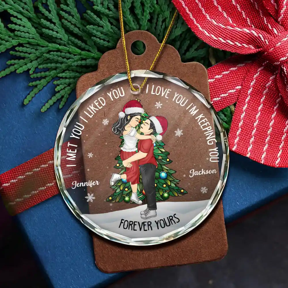 Gift For Couples, Gift For Husband, Gift For Wife, Gift For Boyfriend, Gift For Girlfriend - Christmas Couple Kissing Forever Yours - Personalized Circle Glass Ornament