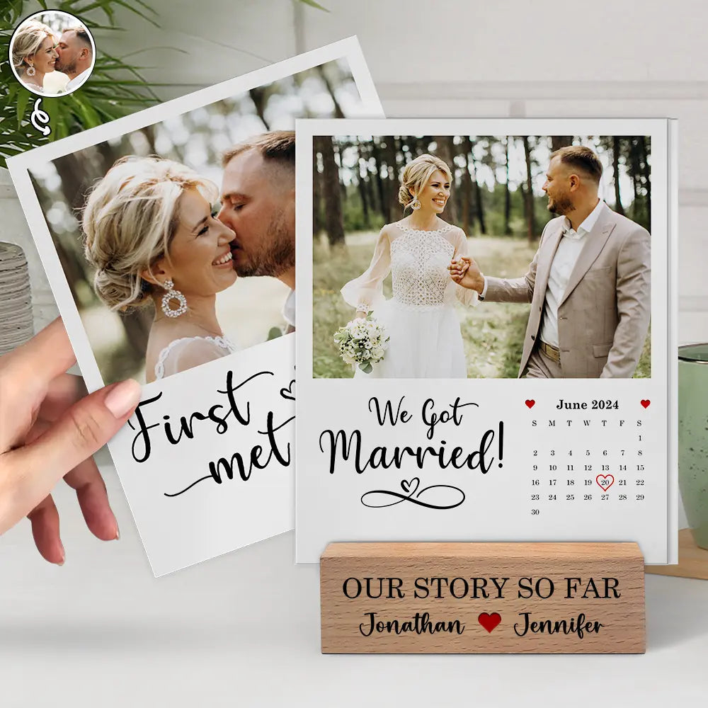 Custom Photo Calendar Our Story So Far - Personalized Custom Shaped Cardstock With Wooden Stand