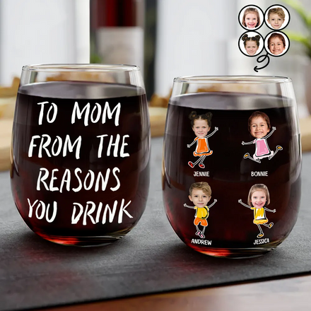 Custom Photo Funny Kids Reason To Drink - Personalized Stemless Wine Glass