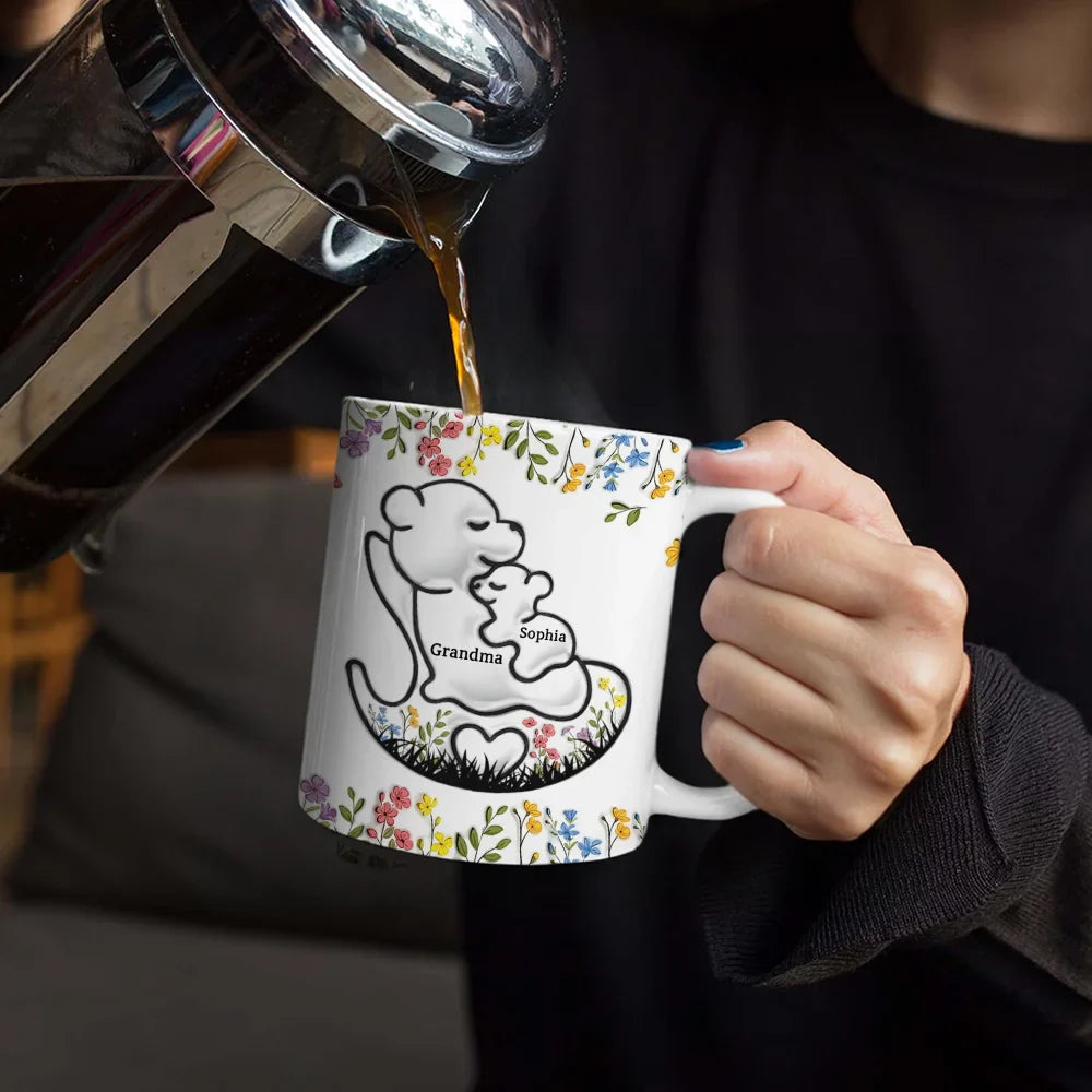 Gift For Grandma, Gift For Mother, Happy - Grandma Bear Floral - 3D Inflated Effect Printed Mug, Personalized White Edge-to-Edge Mug