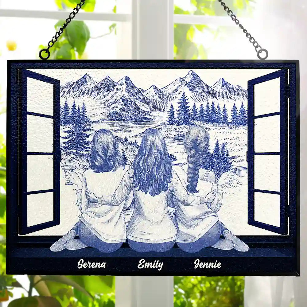 Mountain Cabin Window Toile Art Bestie - Personalized Horizontal Stained Glass Suncatcher
