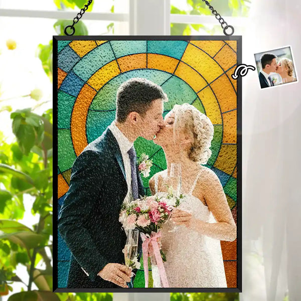 Gift For Couples,Wedding,Love - Custom Photo First Year Married Couple Wedding Anniversary Gift - Personalized Vertical Stained Glass Suncatcher