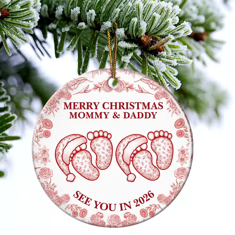 Christmas,New Dad,New Mom,Family,Happy - Baby Expecting See You In 2026 Toile Pattern - Personalized Circle Ceramic Ornament
