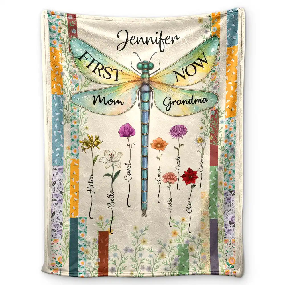 Dragonfly Birth Month Flower First Mom Now Grandma - Personalized Fleece Blanket, Sherpa Blanket