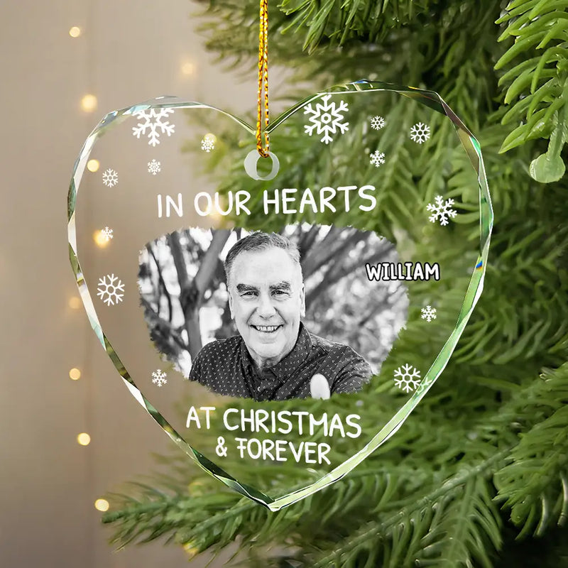 Christmas, Custom Photo, Memorial, Sad, Family - Custom Photo In Our Heart At Christmas & Forever - Personalized Heart Shaped Glass Ornament