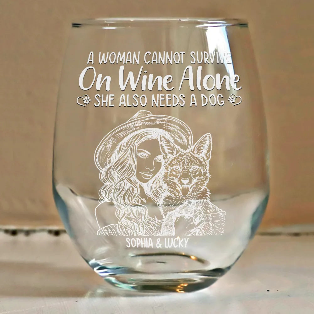 Pet Lovers, Pet Mom, Pet Dad, Happy - Custom Photo Pencil Sketch Pet Portrait A Woman & Her Dog - Personalized Stemless Wine Glass