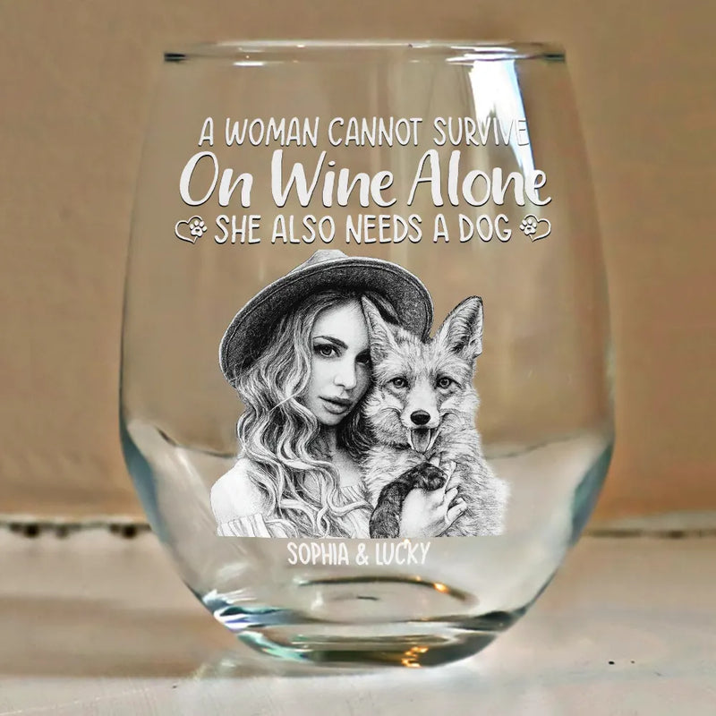 Custom Photo Pencil Sketch Pet Portrait A Woman & Her Dog - Personalized Stemless Wine Glass