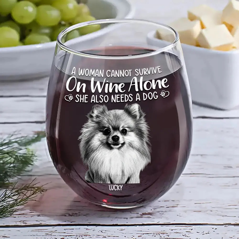 Custom Photo Pencil Sketch Pet Portrait A Woman & Her Dog - Personalized Stemless Wine Glass