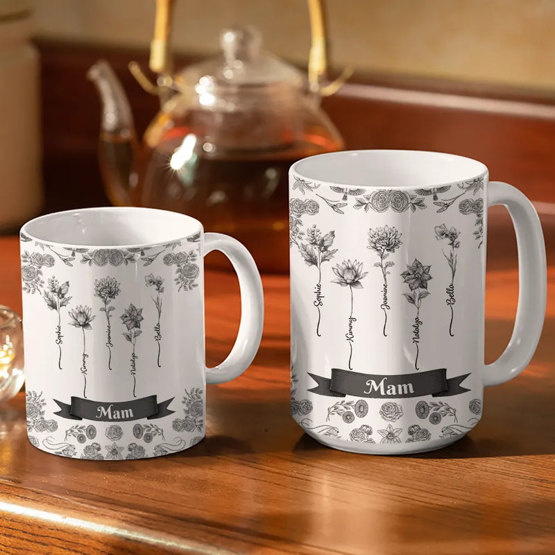 Gift For Yourself,Gift For Women,Gift For Mother,Gift For Grandma,Love - Toile De Jouy Birth Flowers For Grandma And Mom - Personalized White Edge-to-Edge Mug