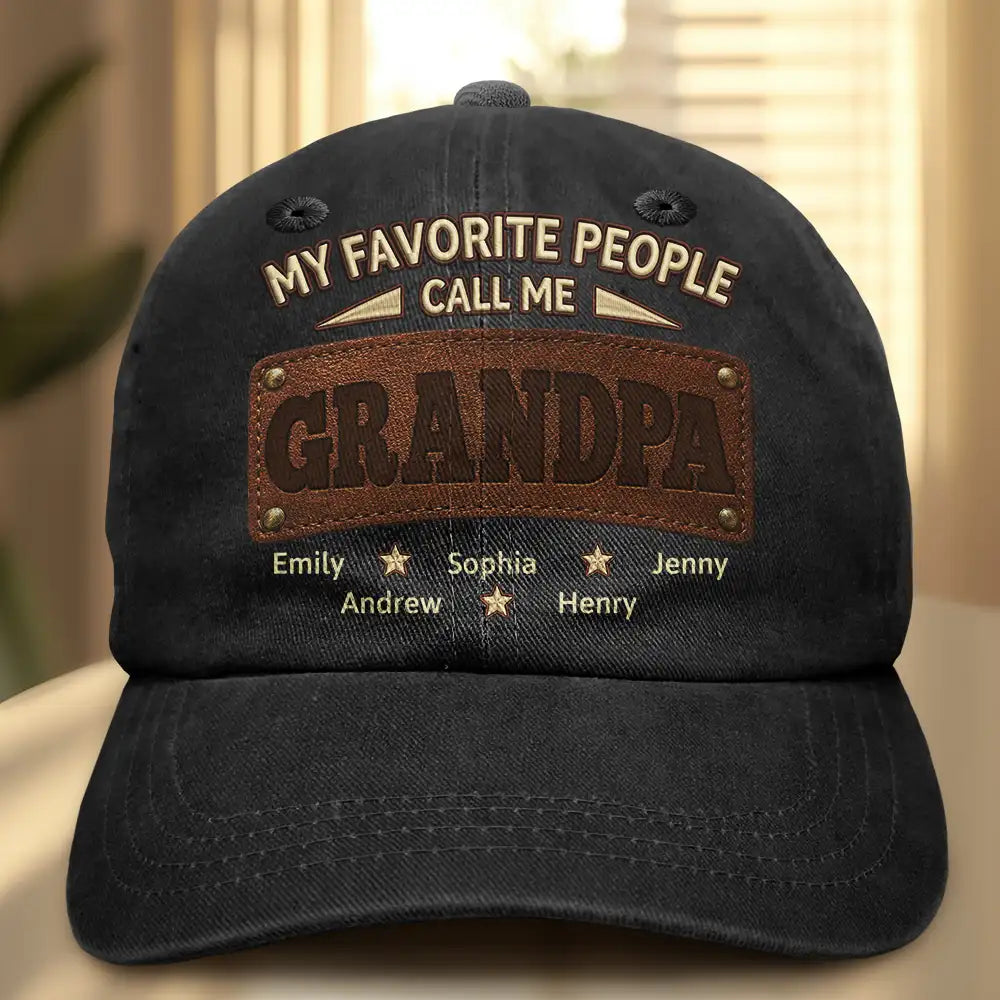 My Favorite People Call Me Dad Grandpa Leather Patch Effect - Personalized Vintage Washed Denim Cap
