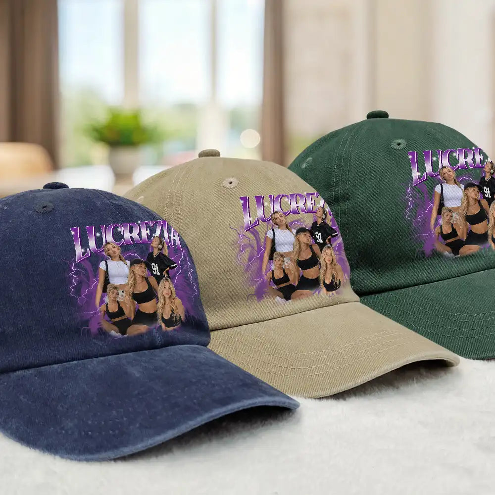 Custom Photo, Anniversary, Art Design, Gift For Couples, Playful, Photo Collage - Custom Photo Collage Bootleg Portrait For Couple Bestie Family - Personalized Vintage Washed Denim Cap